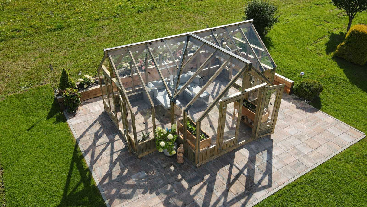 Emilia XL (4.2x5.4m | 19.1m2 | 18mm) Large T-Shaped Premium Greenhouse (Painted Grey or Pressure Treated) - Palmako UK