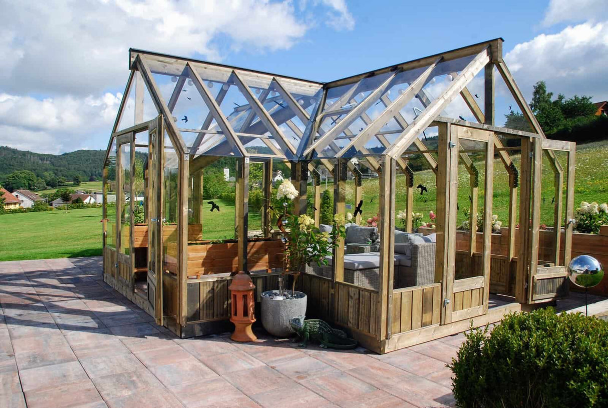 Emilia XL (4.2x5.4m | 19.1m2 | 18mm) Large T-Shaped Premium Greenhouse (Painted Grey or Pressure Treated) - Palmako UK