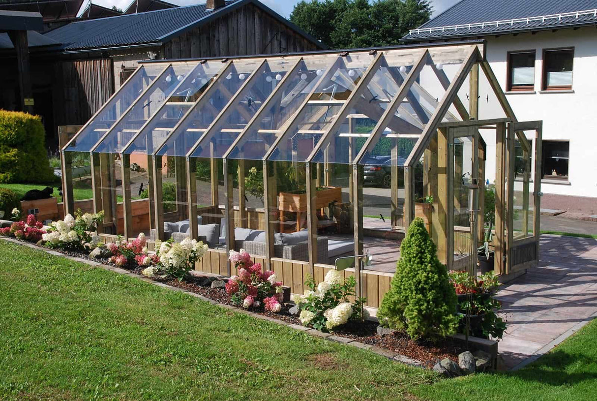 Emilia XL (4.2x5.4m | 19.1m2 | 18mm) Large T-Shaped Premium Greenhouse (Painted Grey or Pressure Treated) - Palmako UK