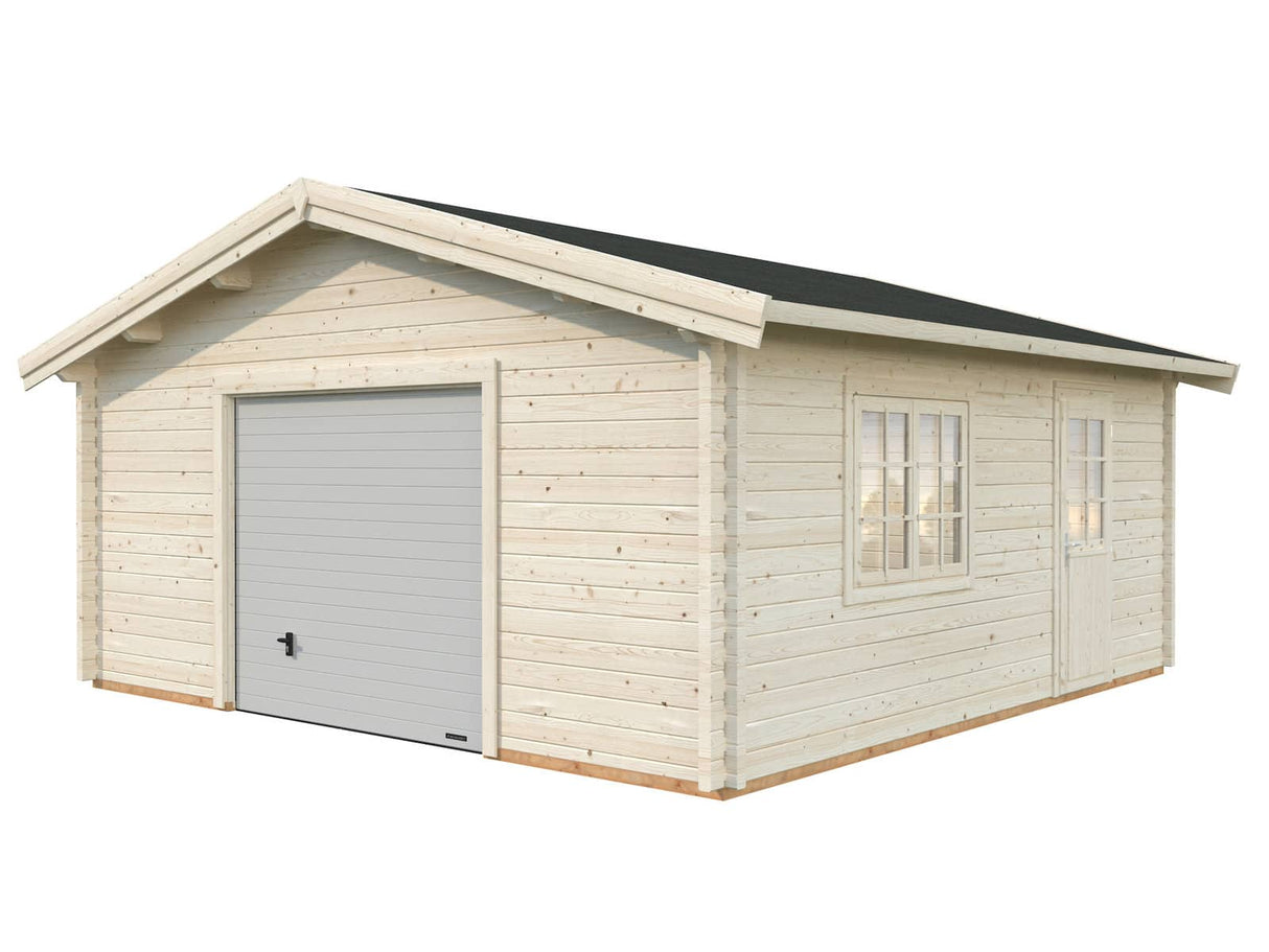 Roger L (5.6x5.6m | 27.7m2 |70mm) Spacious Timber Log Garage with Sectional Door - Palmako UK