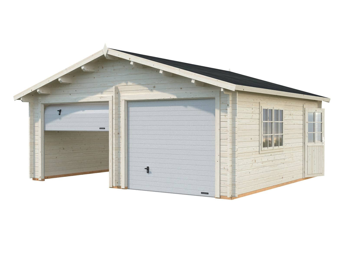 Roger XL (6x5.3m | 28.4m2 | 44mm) Timber Log Double Garage with Sectional Doors - Palmako UK