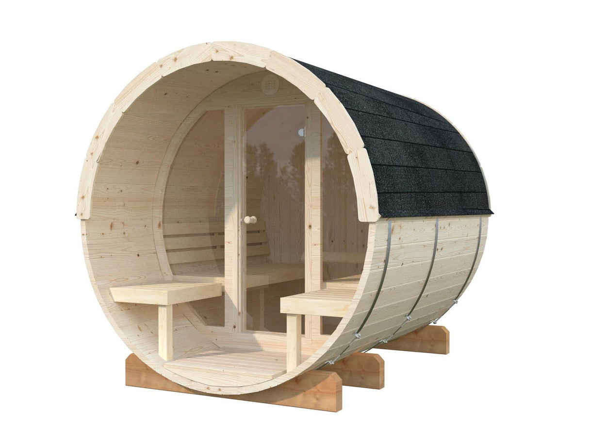 Anita M (2.2x2.5m | 1.3+0.7m2 | 42mm) Timber Garden Barrel Sauna with Glass wall - Palmako UK
