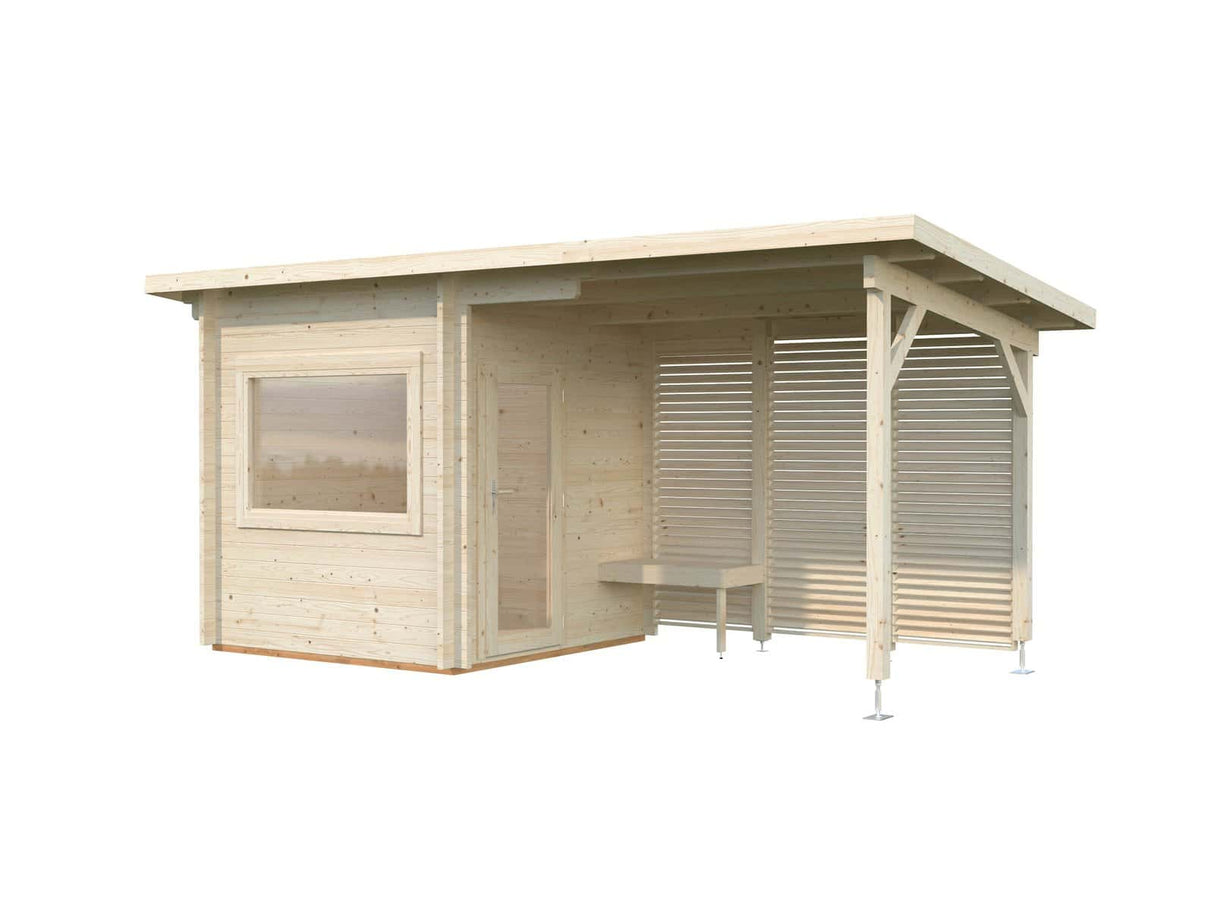 Sanna S+ (5.1x2.3m | 4.1+5.9 m2 | 44mm) Modern Outdoor Sauna with Canopy - Palmako UK