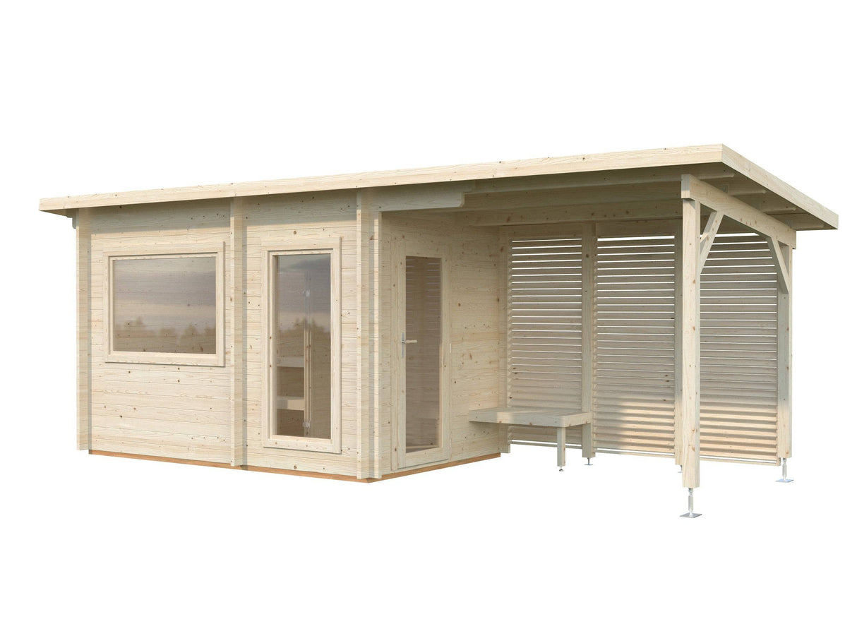 Sanna M+ (6.5x2.5m | 6.8+5.9m2 | 44mm) Modern Garden Sauna with Dressing Room and Canopy - Palmako UK