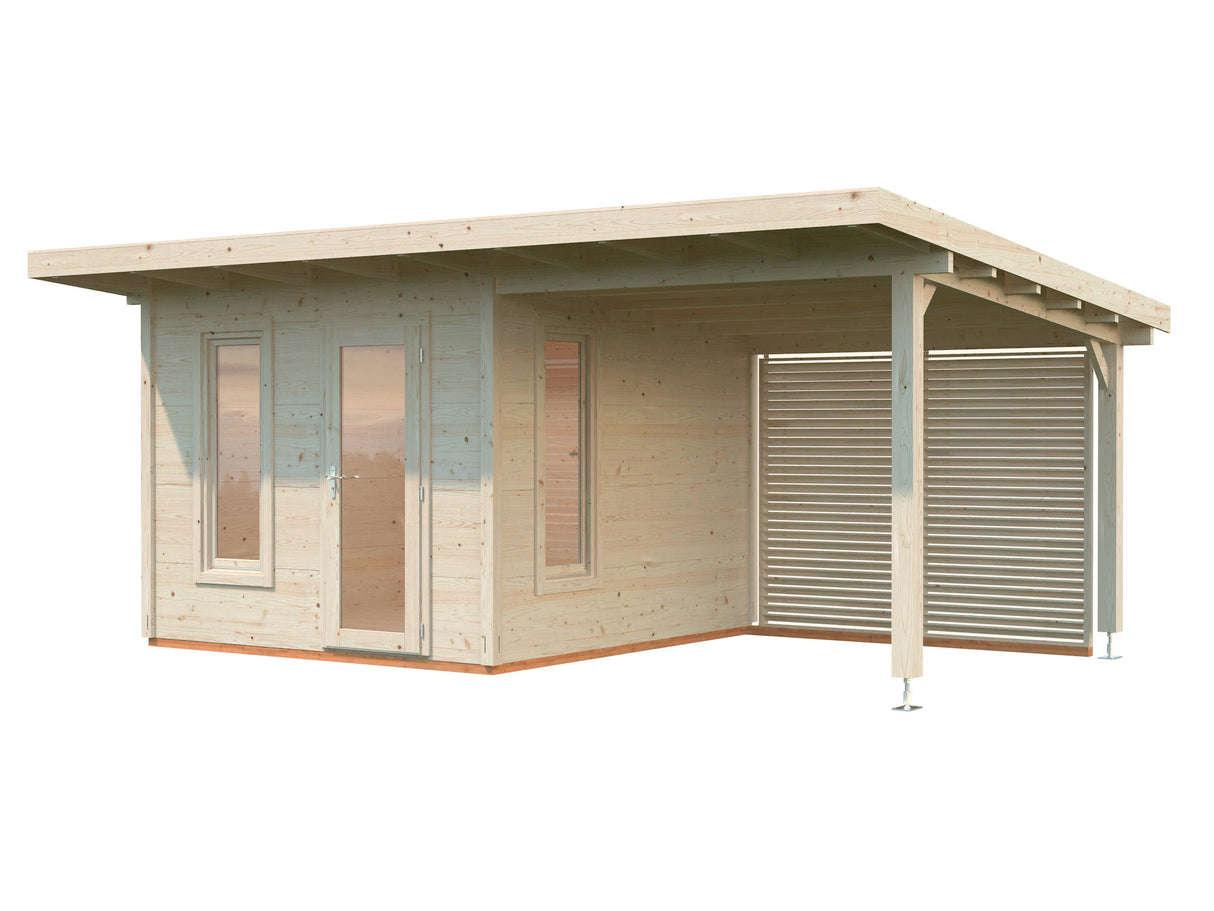 Grace (5.6x2.9m | 8.1+8.1m2 | 56mm) Year-Round Glue-Laminated Garden Room with Roof Canopy - Palmako UK