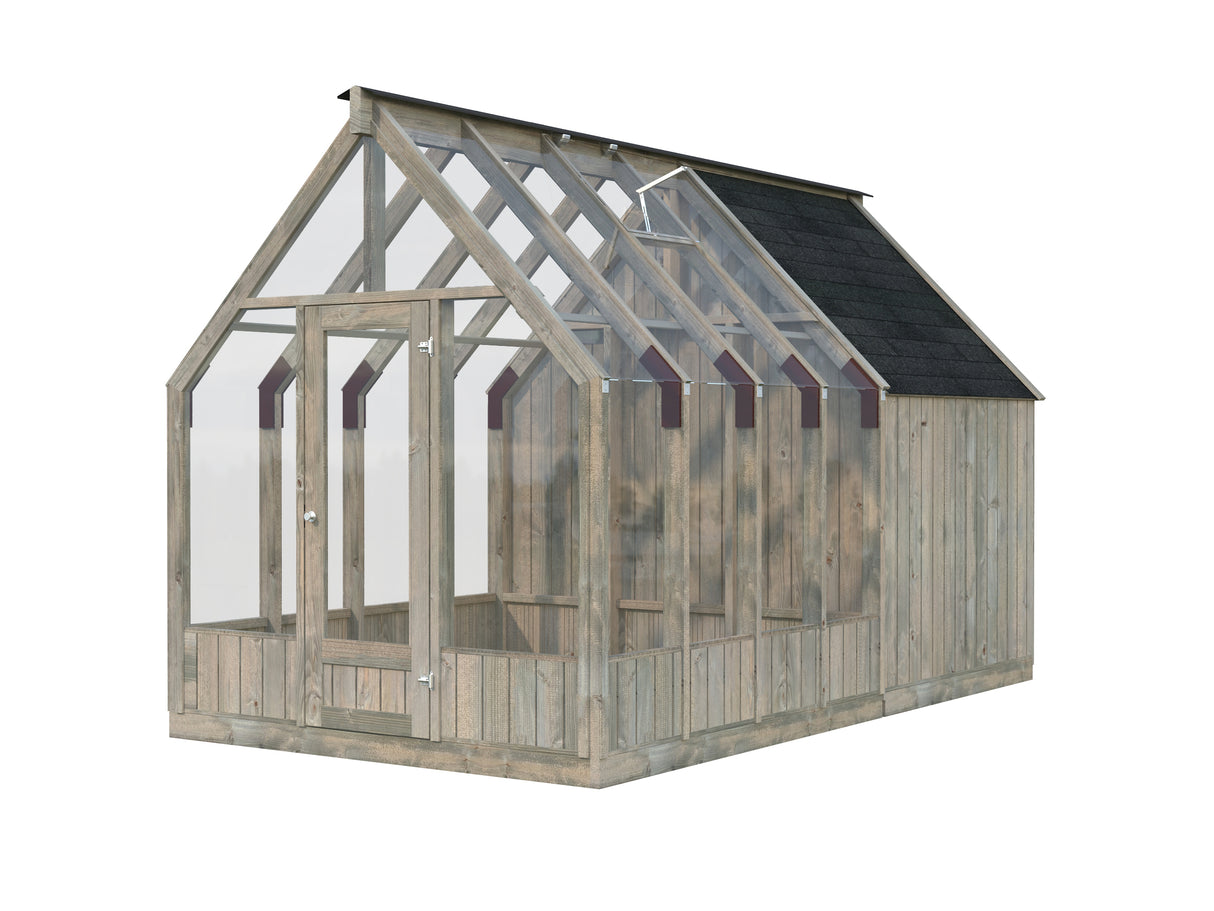 Emilia S+ (2,4x4,3m|5,4+4m2|18mm ) Compact Greenhouse with Shed - Pressure Treated
