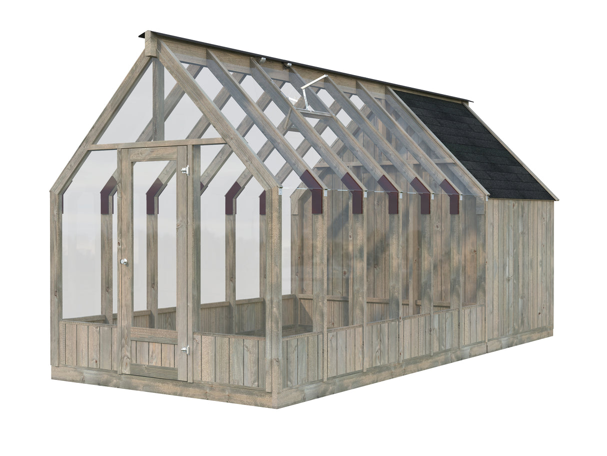 Emilia M+ (2,4x5,5m|8,2+4,0m2|18mm ) Greenhouse with Tool Shed - Pressure Treated