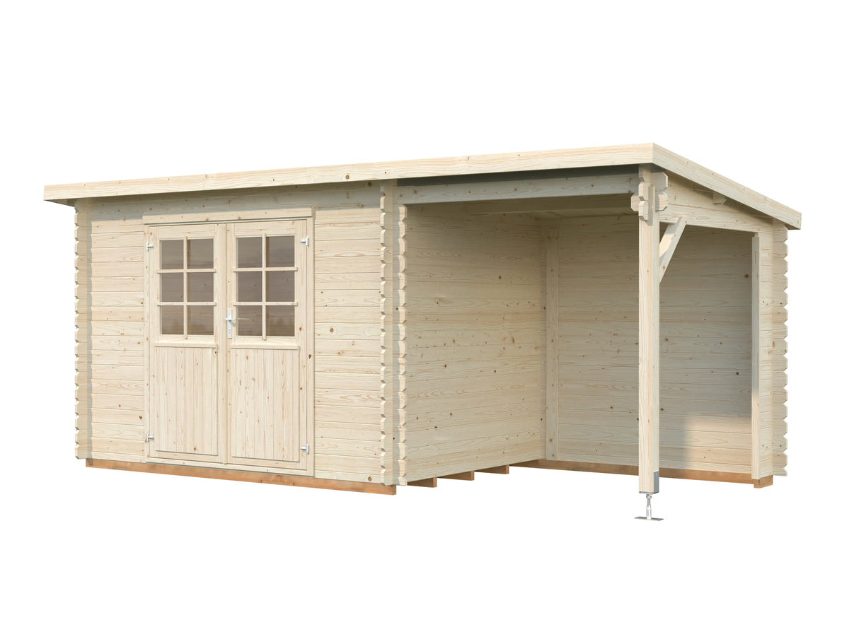 Malta 1 with 3,6 m2 canopy (5,1x2,2m | 5,7m2 | 28mm) Pent Roof Log Shed with Side Canopy