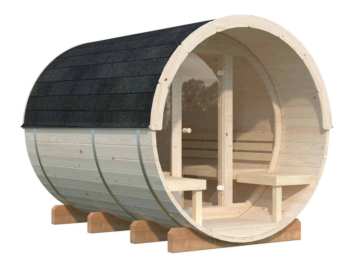 Anita L (2.2x2.9m | 1.6+0.7m2 | 42mm) Timber Garden Barrel Sauna with Glass wall - Palmako UK