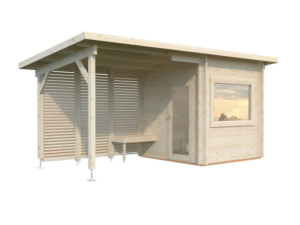 Sanna S+ (5.1x2.3m | 4.1+5.9 m2 | 44mm) Modern Outdoor Sauna with Canopy - Palmako UK