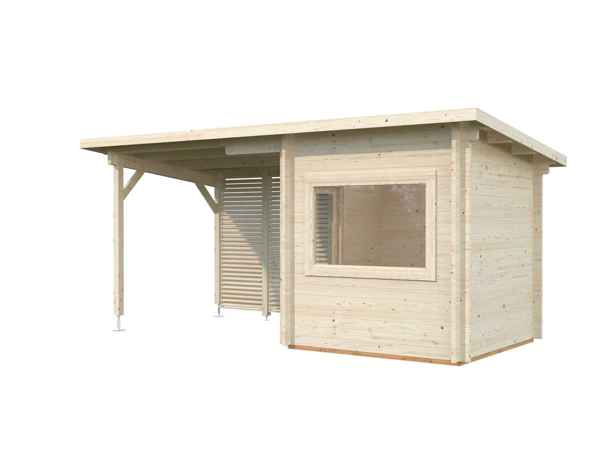 Sanna S+ (5.1x2.3m | 4.1+5.9 m2 | 44mm) Modern Outdoor Sauna with Canopy - Palmako UK