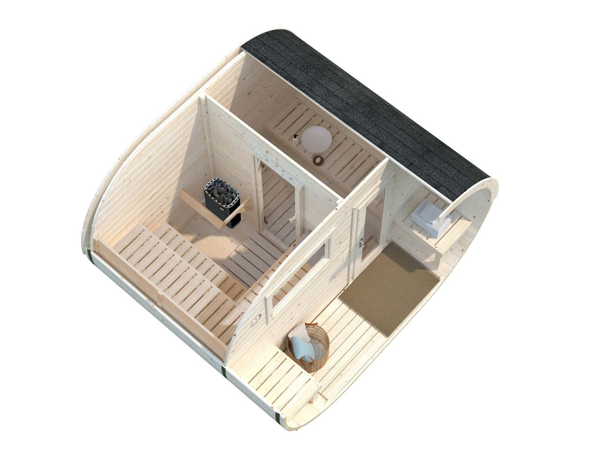 Anette (3.3x2.7m | 3.0+1.5m2 | 42mm) Timber Garden Oval Sauna - Palmako UK