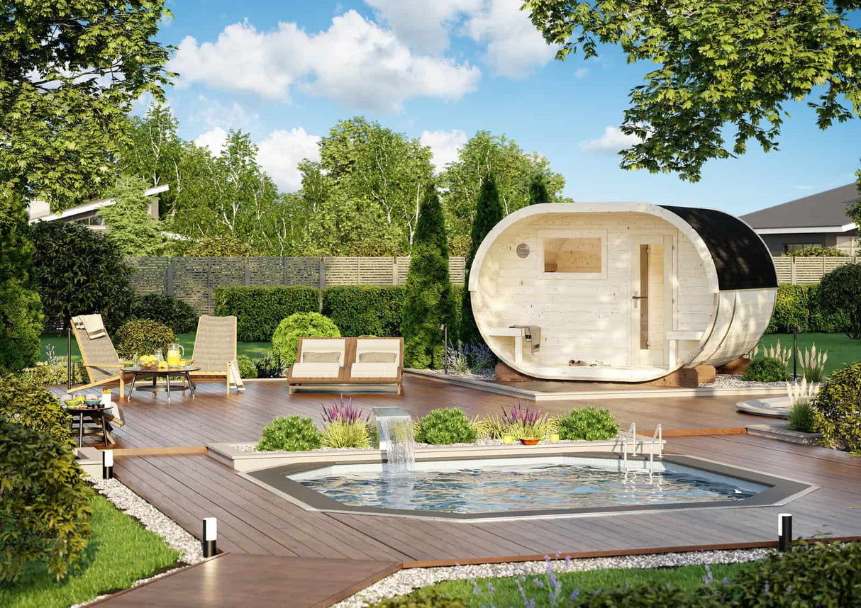Anette (3.3x2.7m | 3.0+1.5m2 | 42mm) Timber Garden Oval Sauna - Palmako UK