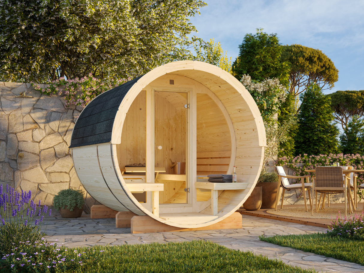 Anita M (2.2x2.5m | 1.3+0.7m2 | 42mm) Timber Garden Barrel Sauna with Glass wall - Palmako UK