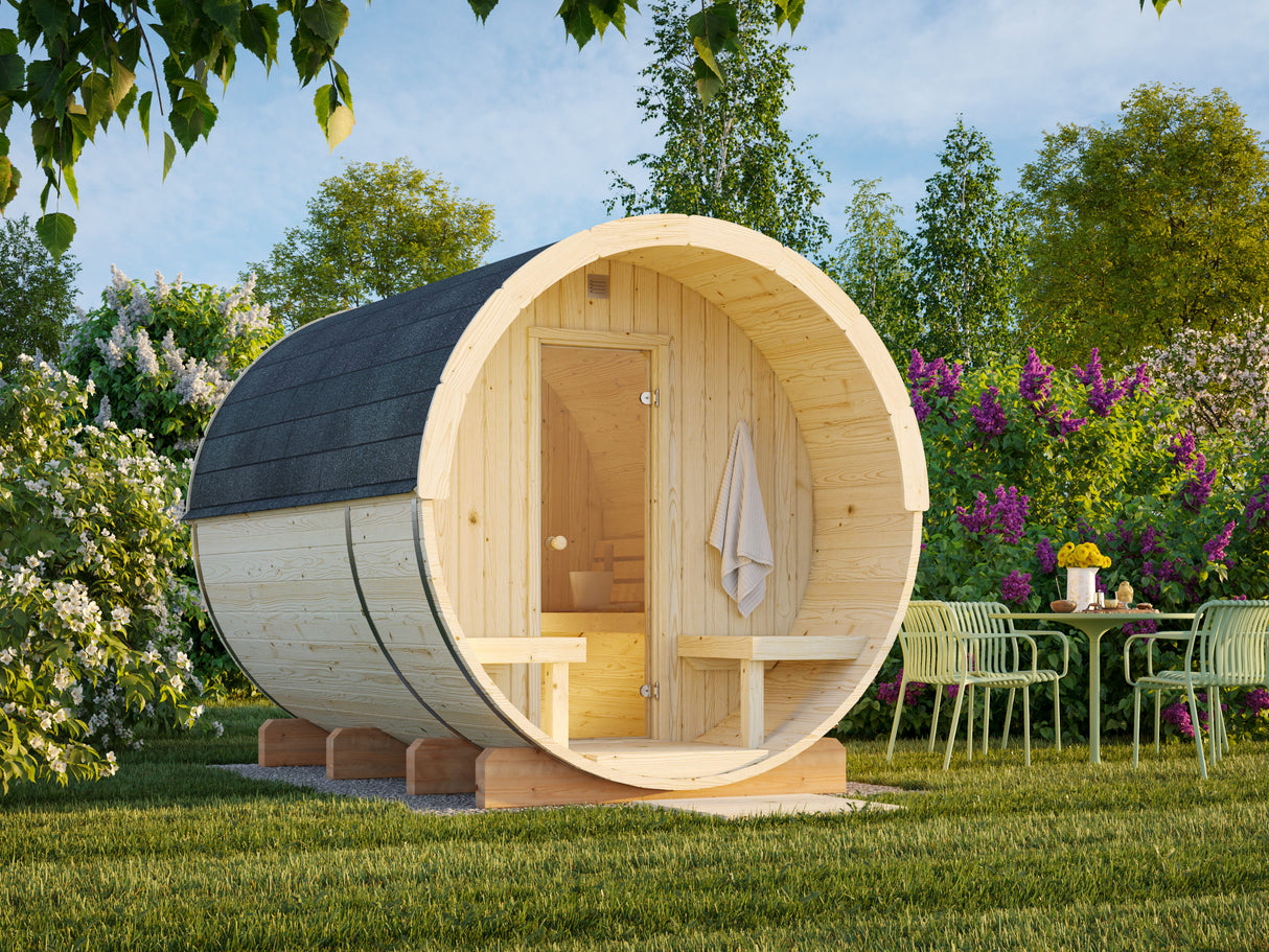 Anita L (2.2x2.9m | 1.6+0.7m2 | 42mm) Timber Garden Barrel Sauna - Palmako UK