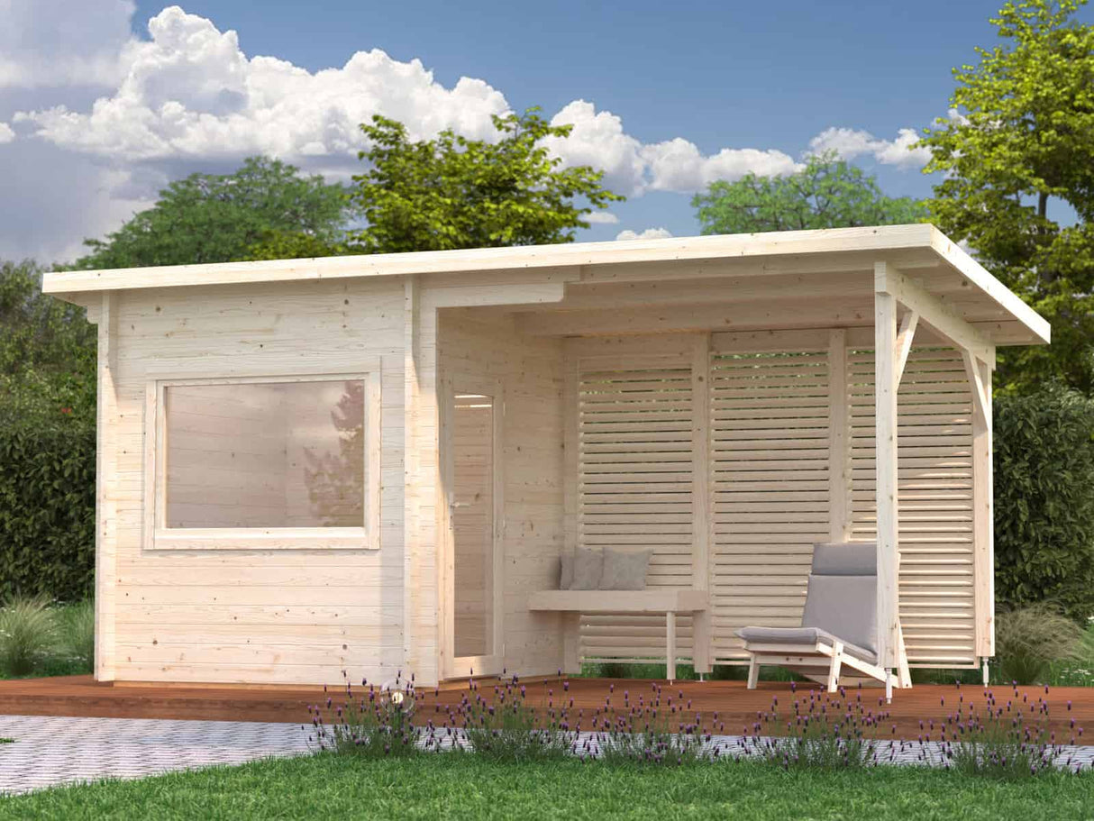 Sanna S+ (5.1x2.3m | 4.1+5.9 m2 | 44mm) Modern Outdoor Sauna with Canopy - Palmako UK