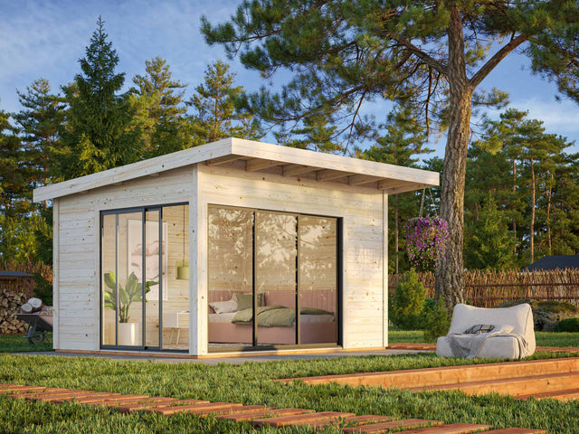 Andrea S (3.9x3m | 11.2m2 | 44mm) Modern Corner Summer House With Sliding Doors (Double Glazing Available) - Palmako UK