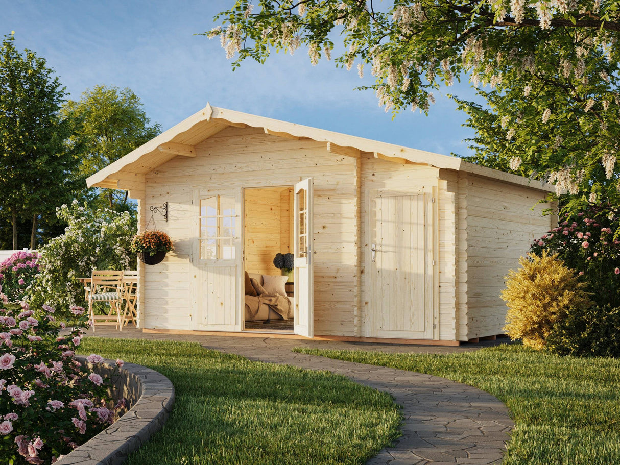 Emma XL (4.7x3.5m | 14.3m2 | 34mm) Alpine Garden Cabin with Side Storage Shed - Palmako UK