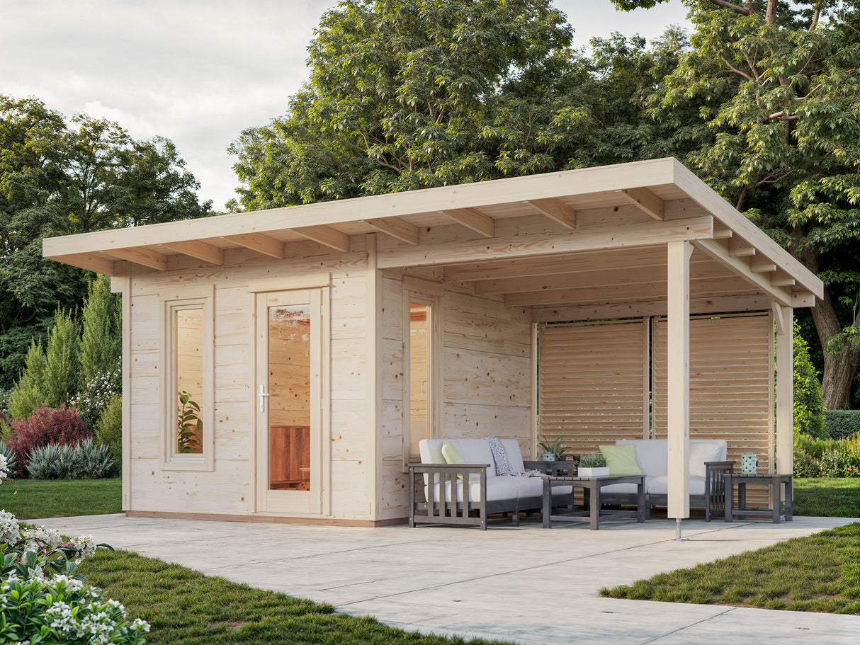 Grace (5.6x2.9m | 8.1+8.1m2 | 56mm) Year-Round Glue-Laminated Garden Room with Roof Canopy - Palmako UK