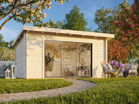 Lea M (4.5x3.3m | 14.2m2 | 44mm) Spacious Pent Garden Room with Sliding Doors (Double Glazing Available) - Palmako UK