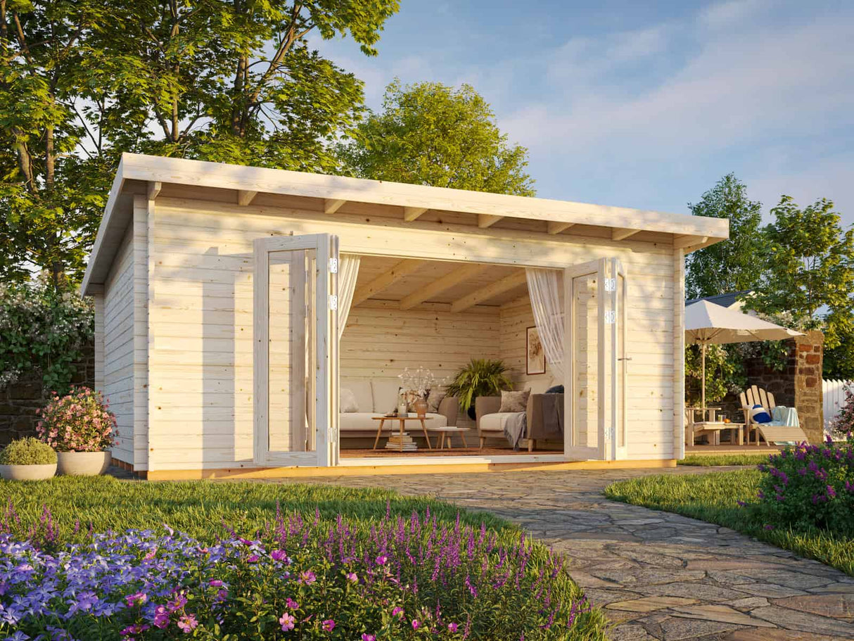 Lea L (5.5x4m | 19.4m2 | 44mm) Pent Roof Garden Room with Bi-Fold Doors - Palmako UK