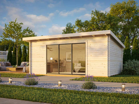 Lea L (5.3x3.8m | 19.4m2 | 44mm) Pent Garden Room with Sliding Doors (Double Glazing Available) - Palmako UK