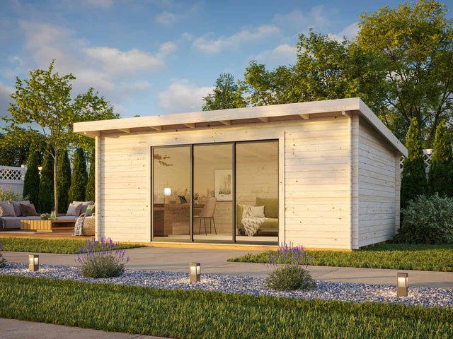Lea L (5.3x3.8m | 19.4m2 | 44mm) Pent Garden Room with Sliding Doors (Double Glazing Available) - Palmako UK