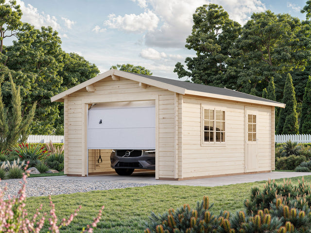 Roger XS (3.8x5.7m | 19m2 | 44mm) Compact Timber Log Garage with Sectional Door - Palmako UK