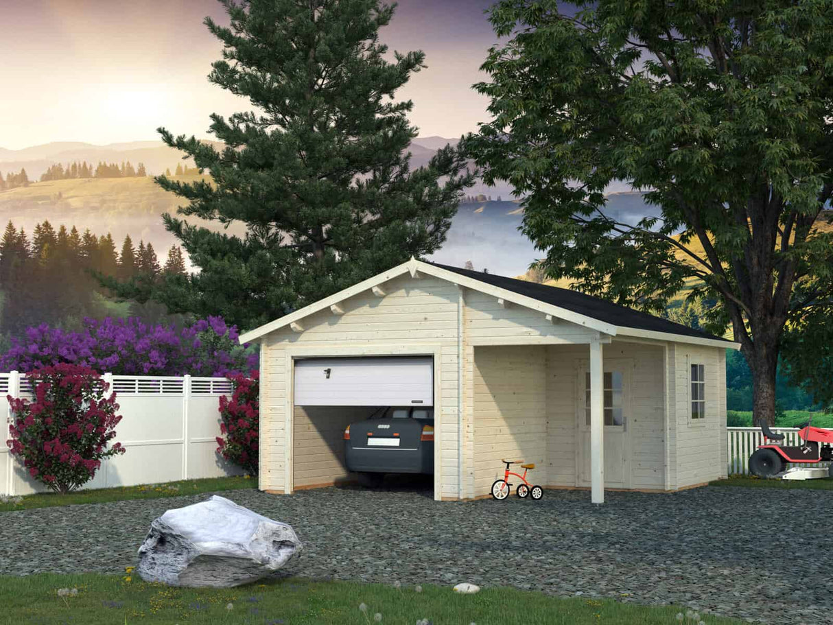 Roger M (5.3x5.7m | 21.9+5.2m2 | 44mm) Log Garage with Sectional Door and Canopy - Palmako UK