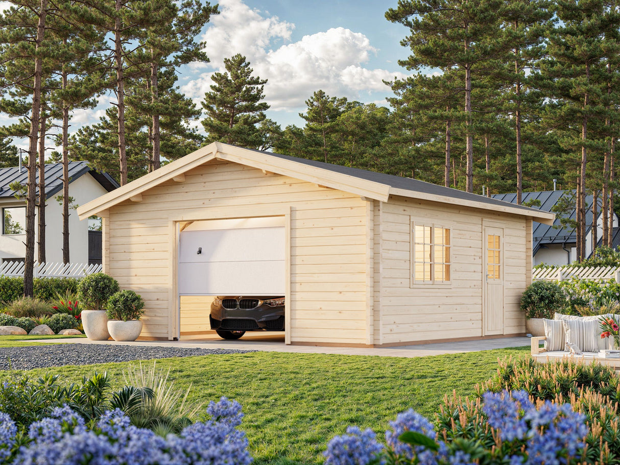 Roger L (5.6x5.6m | 27.7m2 |70mm) Spacious Timber Log Garage with Sectional Door - Palmako UK