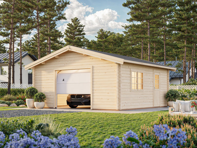 Roger L (5.6x5.6m | 27.7m2 |70mm) Spacious Timber Log Garage with Sectional Door - Palmako UK