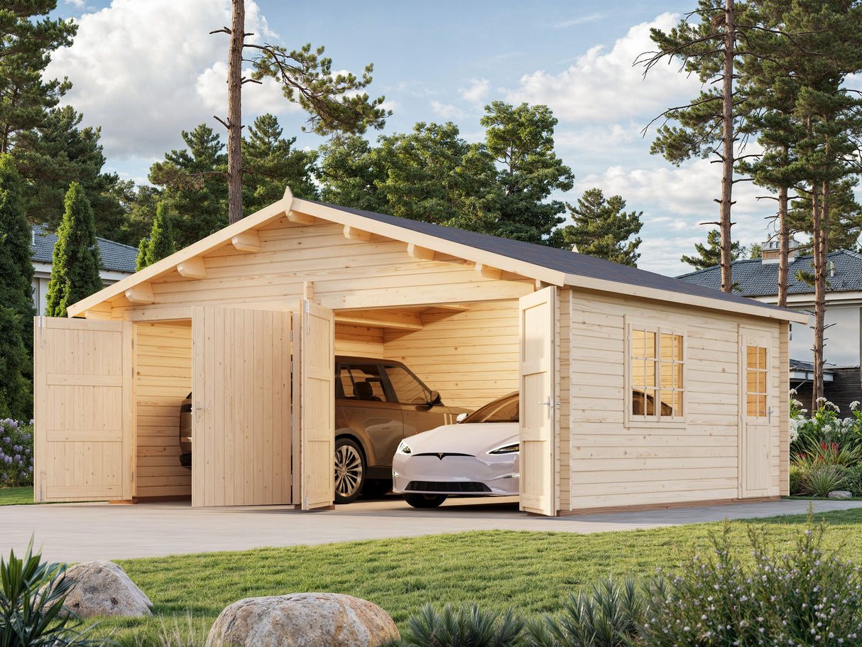 Roger L (5.6x5.6m | 27.7m2 | 70mm) Spacious Timber Log Garage with Wooden Gate - Palmako UK