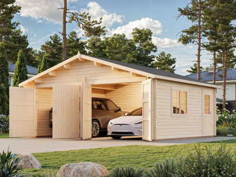 Roger XL (6x5.3m | 28.4m2 | 44mm) Timber Log Double Garage with Wooden Gates - Palmako UK