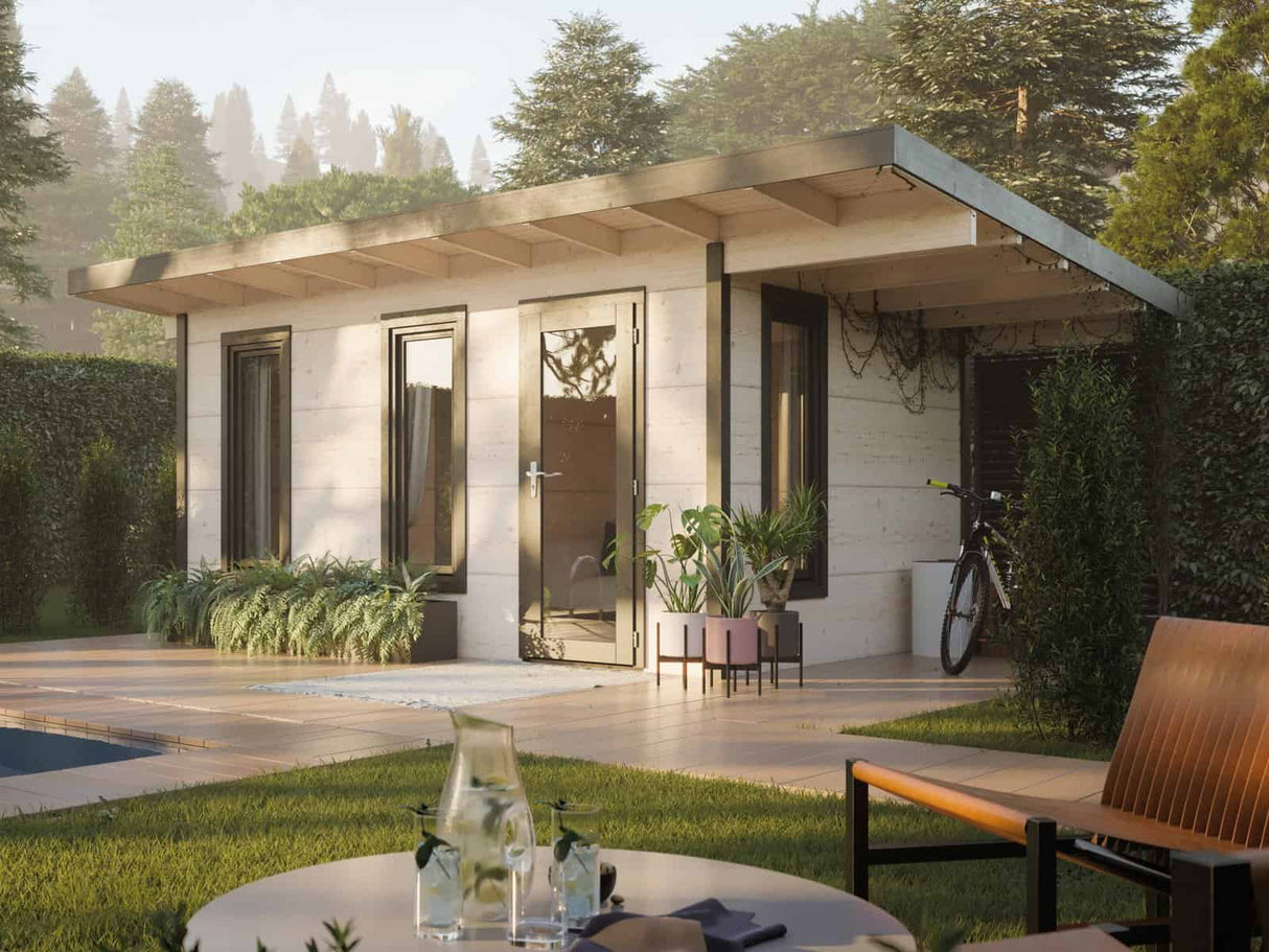 Grace (4.5x2.9m | 12.4+4.1m2 | 56mm) Year-Round Glue-Laminated Garden Room With Canopy - Palmako UK