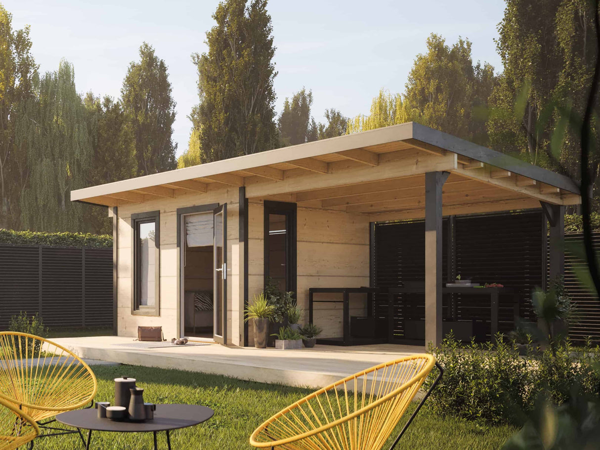 Grace (5.6x2.9m | 8.1+8.1m2 | 56mm) Year-Round Glue-Laminated Garden Room with Roof Canopy - Palmako UK