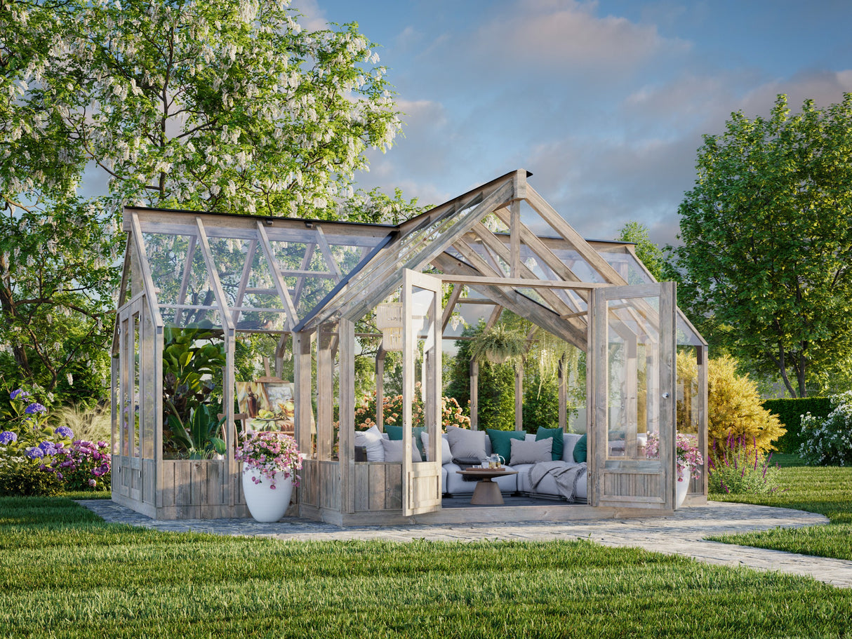 Emilia XL (4.2x5.4m | 19.1m2 | 18mm) Large T-Shaped Premium Greenhouse (Pressure Treated) - Palmako UK