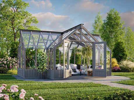 Emilia XL (4.2x5.4m | 19.1m2 | 18mm) Large T-Shaped Premium Greenhouse (Painted Grey or Pressure Treated) - Palmako UK