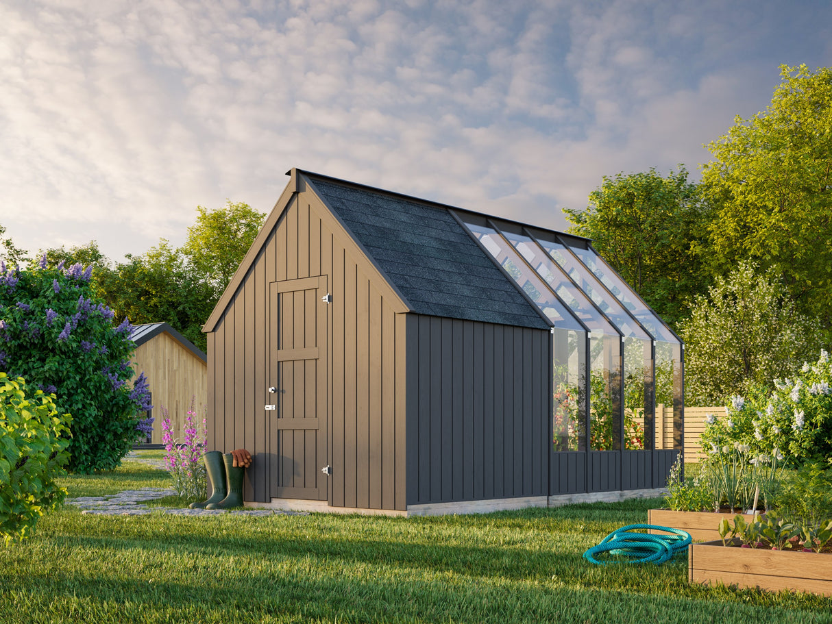 Emilia S+ (2,4x4,3m|5,4+4m2|18mm ) Compact Greenhouse with Shed - Factory Painted