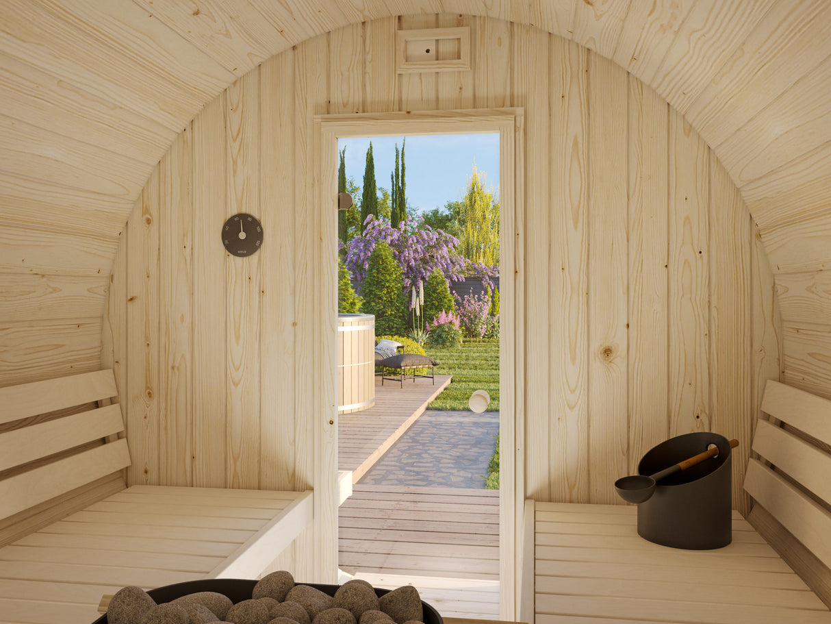 Anita M (2.2x2.5m | 1.3+0.7m2 | 42mm) Timber Garden Barrel Sauna - Palmako UK
