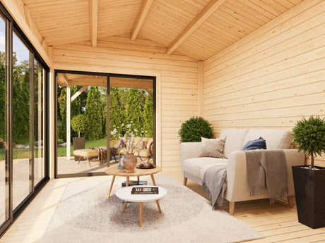 Amanda S+ (6,7x3m | 11,2+7,8 m2 | 44mm) Modern Garden Room With Canopy and Sliding Doors (Double Glazing Available) - Palmako UK