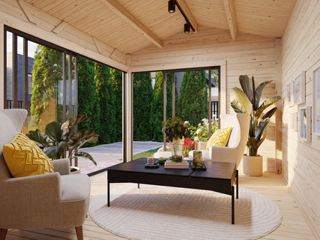 Amanda S (3,9x3m | 11,2m2 | 44mm) Modern Corner Summer House With Sliding Doors (Double Glazing Available) - Palmako UK