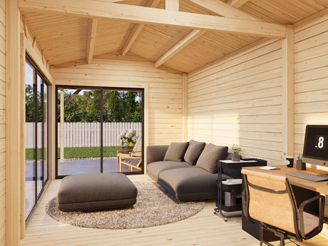 Amanda M+ (8,7x3m | 17,1+7,8 m2 | 44mm) Modern Garden Room with Canopy and Sliding Doors (Double Glazing Available) - Palmako UK