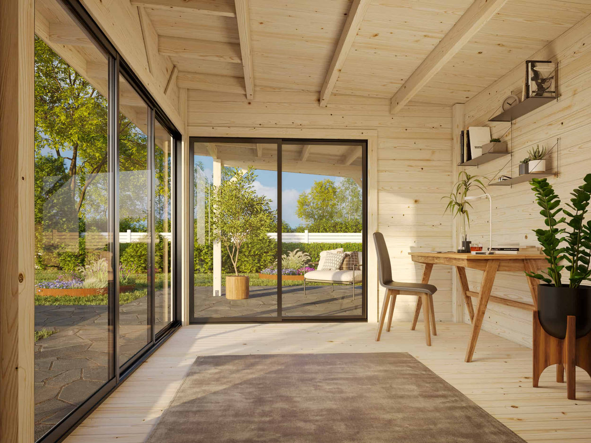 Andrea L (6.9x3m | 11.2+7.9m2 | 44mm) Garden Room with Sliding Doors (Double Glazing Available) - Palmako UK