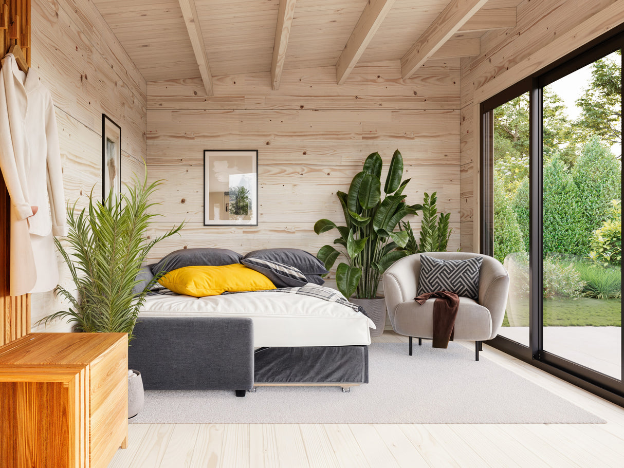 Grace (4x3m | 11.2+8.2m2 | 56mm) Year-Round Glue-Laminated Garden Room with Double Glazed Sliding Doors And Canopy - Palmako UK