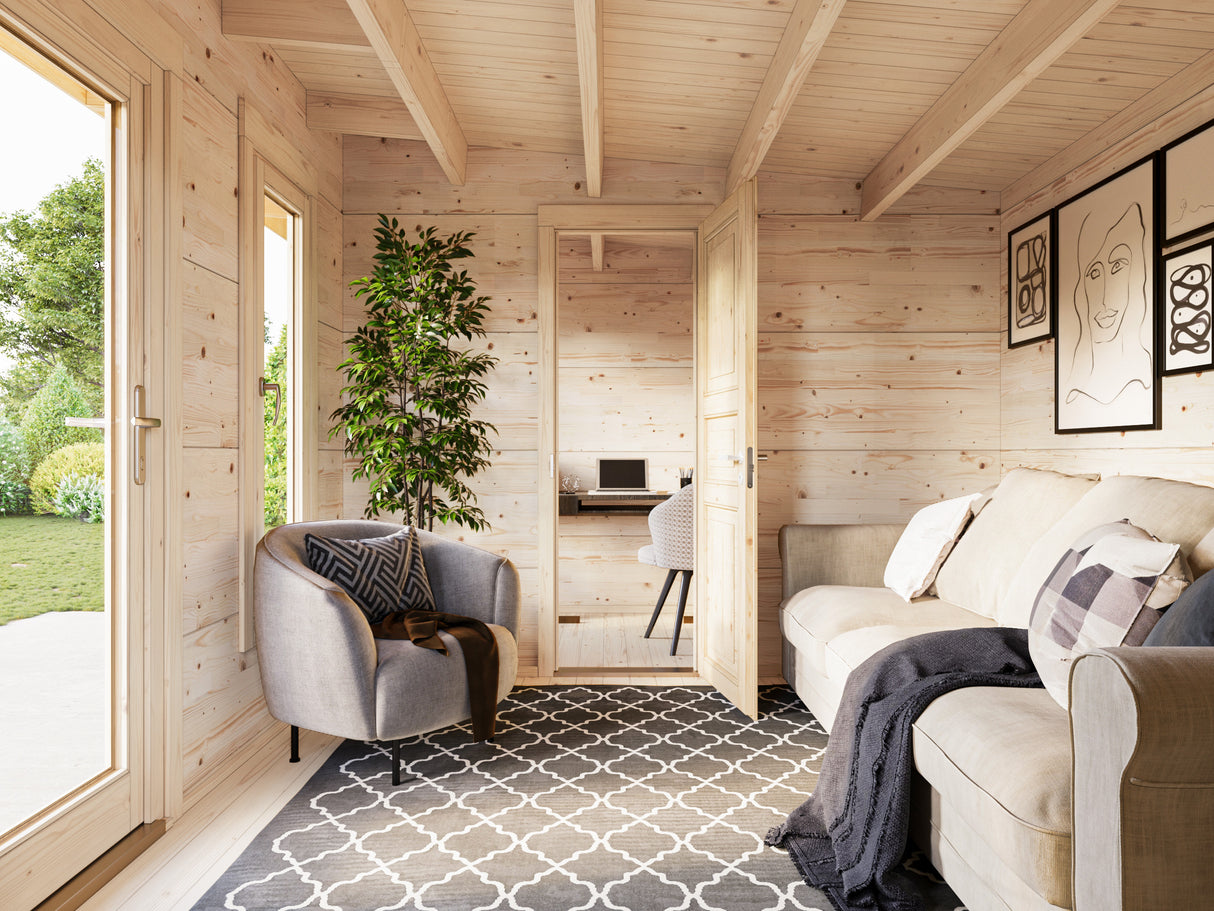 Grace (4.5x2.9m | 12.4+4.1m2 | 56mm) Year-Round Glue-Laminated Garden Room With Canopy - Palmako UK