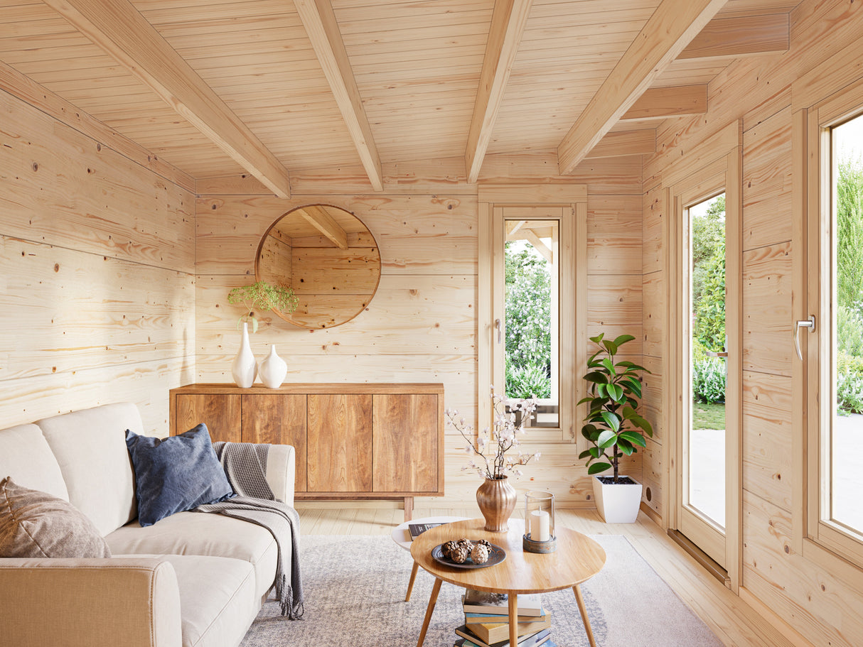 Grace (5.6x2.9m | 8.1+8.1m2 | 56mm) Year-Round Glue-Laminated Garden Room with Roof Canopy - Palmako UK