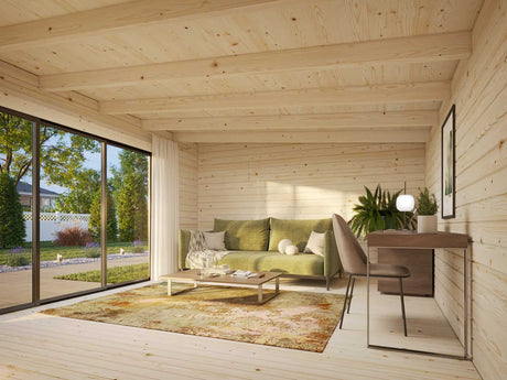 Lea L (5.3x3.8m | 19.4m2 | 44mm) Pent Garden Room with Sliding Doors (Double Glazing Available) - Palmako UK