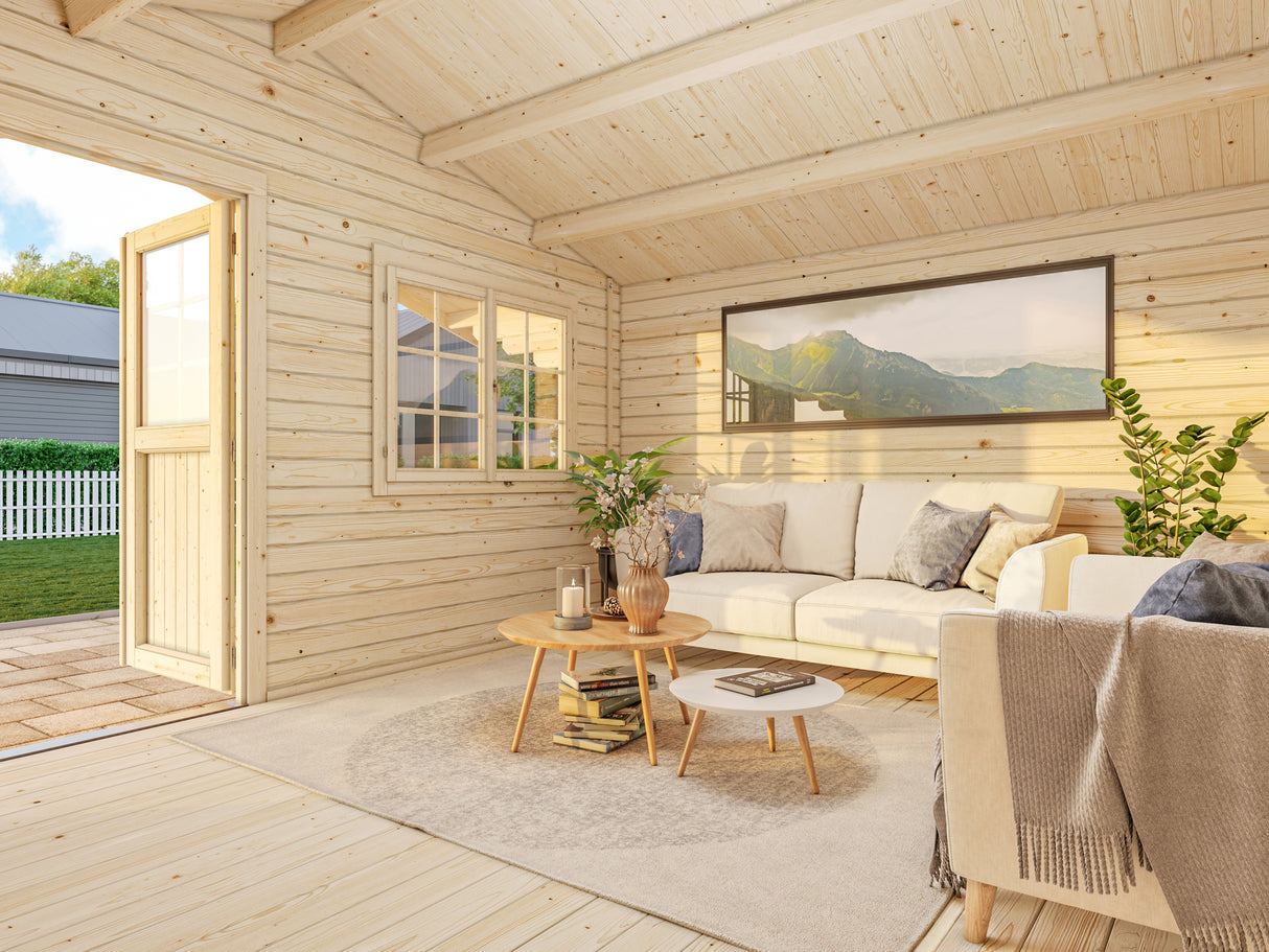 Sally L (4.7x3.8m | 15.5m2 | 44mm) Nordic Garden Log Cabin with Overhang Roof - Palmako UK