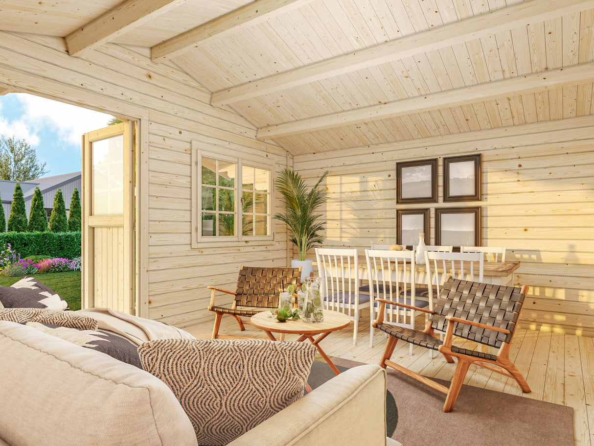 Sally XL (5.3x4.1m | 19.1m2 | 44mm) Large Scandinavian Style Log Cabin with an Overhang Roof - Palmako UK