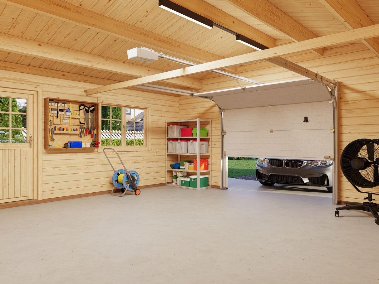 Roger L (5.6x5.6m | 27.7m2 |70mm) Spacious Timber Log Garage with Sectional Door - Palmako UK